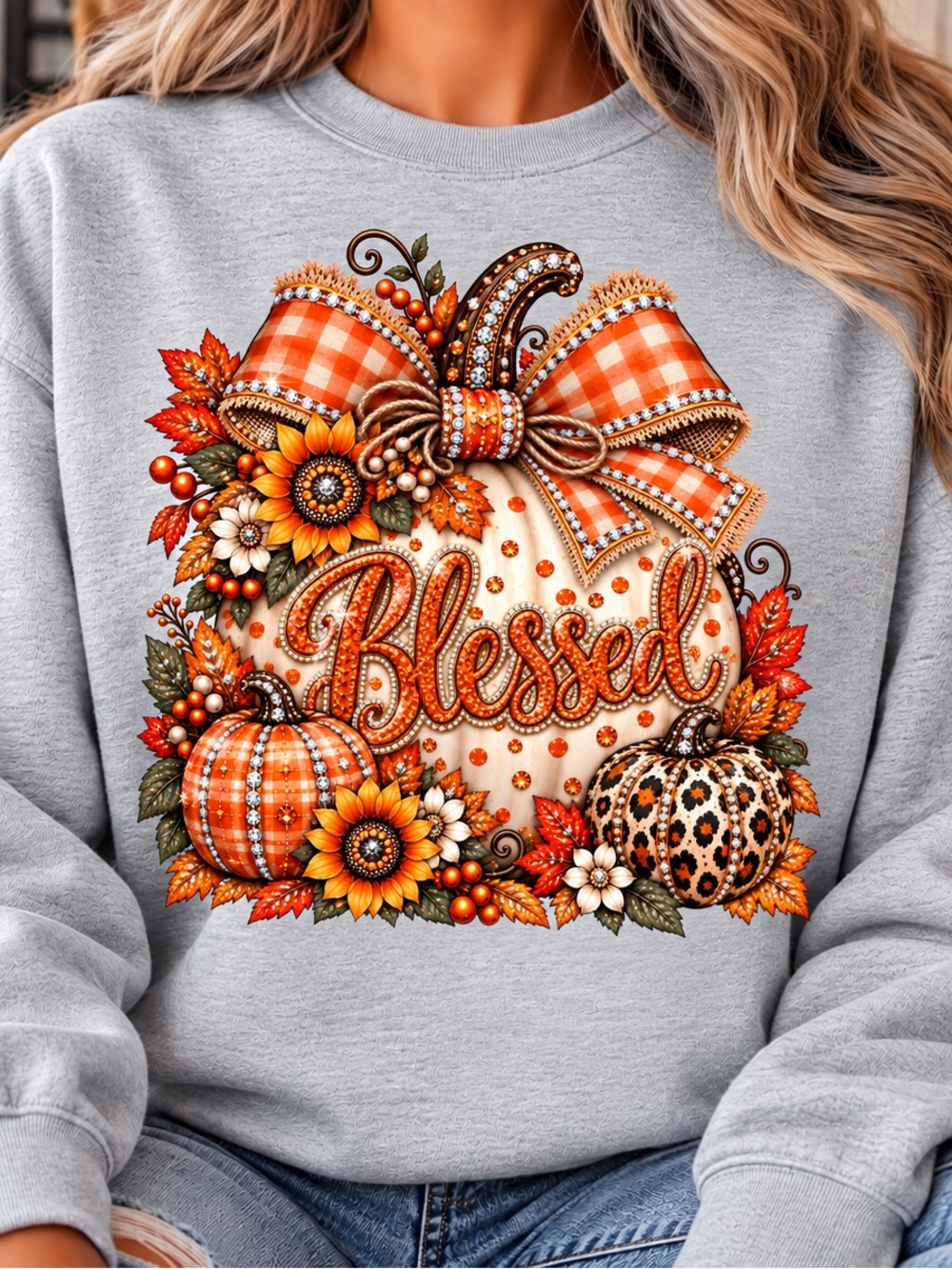 Gildan Light Gray Crewneck with Orange Pumpkin 'Blessed' Graphic